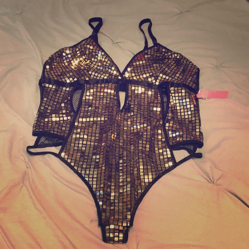 Gold & Black Embellished Thong Bodysuit